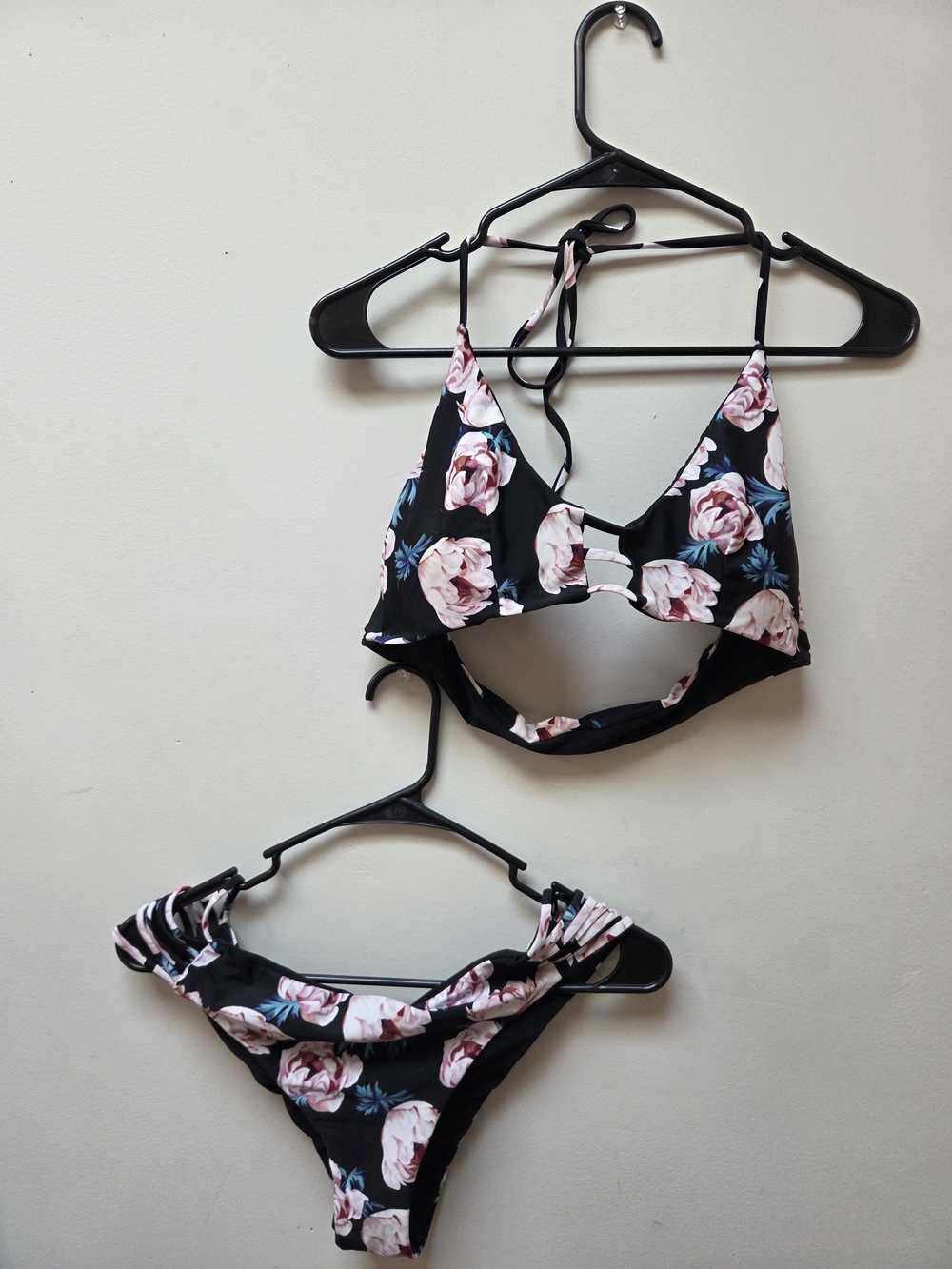 Black Floral Bikini Set - Pink Rose Print